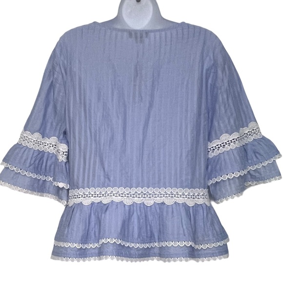 J Crew Blue Chambray Lace Peplum Blouse M Bell Sleeve Festival Cottagecore NWT - Picture 7 of 10